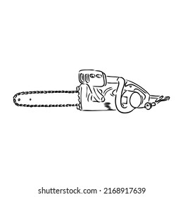 Doodle illustration of a chainsaw. Gardening power tools. The cutting of trees. Building tool.