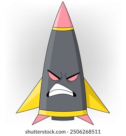 doodle illustration of character object, missile is angry, launching attitude, attacking to do explosion