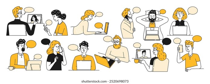 Doodle Ilustración de personajes interactúan a través de varios gadgets que muestran la Tecnología de comunicación moderna