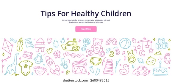 Doodle illustration of childhood elements. Educational toys, baby clothing, and musical instruments. Vector illustration for landing page, banner, or ad.