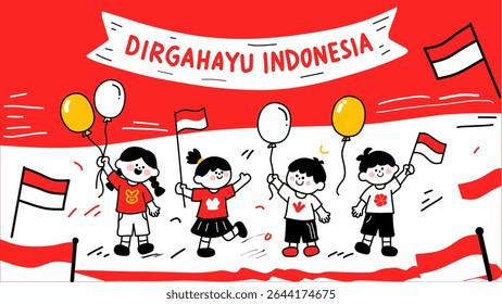 Doodle illustration of children celebrating Indonesian Independence Day with flags and balloons. Red and white festive theme, ideal for patriotic events, posters, banners, or educational materials.