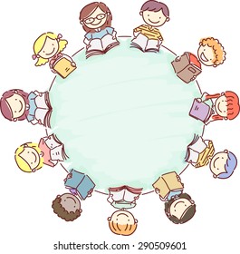 Doodle Illustration of a Circle of Kids Reading Books