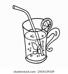 Doodle illustration of cocktail with gas in glass.Vector clipart concept line isolated on white bkgr.B and W design for poster,card,label,sticker,t-shirt,web,print,stamp,tattoo,etc.