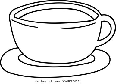 A doodle illustration of a coffee cup on a saucer, perfect for cafe menus, coffee-themed designs, and more.