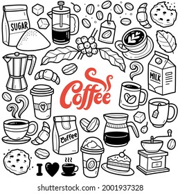 Doodle illustration of coffee related graphics and objects such as coffee bean, coffee maker, milk, sugar, cookies etc. Black and white line illustration.