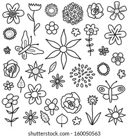 Doodle illustration collection with various flowers, leaves and butterflies. Floral scribble set.
