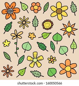 Doodle illustration collection with various flowers and leaves. Floral scribble set.
