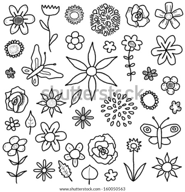 Doodle Illustration Collection Various Flowers Leaves Stock Vector ...