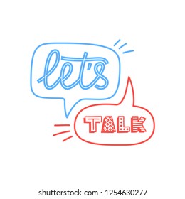 Doodle Illustration Of Colorful Dialog Speech Bubbles With Icons And Text Lets Talk On White Background. Safety Communication Technology Concept. Thin Line Art Flat Design Of Mobile Technology.