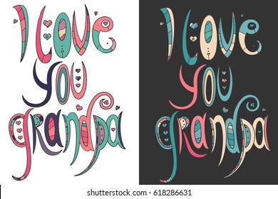 Doodle illustration for coloring book. I love you grandpa, I love you grandma.