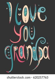 Doodle illustration for coloring book. I love you grandpa, I love you grandma.