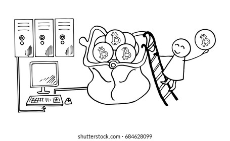 Doodle illustration concept of bitcoin mining. Hand drawn vector background.