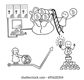Doodle illustration concept of bitcoin mining. Hand drawn vector set.