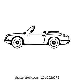 Doodle illustration of a convertible car. Vector hand drawn transport with bold outlines, a sleek body, open roof, detailed wheels, and a classic design.