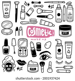 Doodle illustration of cosmetic and make up tools such as suntan, brush, lipstick, mascara, cream, nail polish, ointment, comb etc. Black and white line illustration.