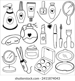 Doodle illustration of cosmetic and make up tools such as brush, lipstick, mascara, cream, nail polish, ointment, comb etc. Black and white line illustration.