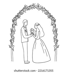 doodle illustration of couples who love each other, get married. Newlyweds hold hands, hug. Element for wedding invitations isolated on white background. vector illustration
