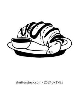 Doodle illustration of croissant with chocolate sauce.