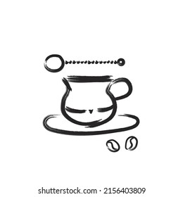 Doodle illustration a cup of americano, espresso coffee with spoon and coffee beans