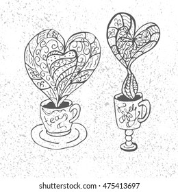 Doodle illustration of cups of tea and coffee. Heart steam. Black outlines, grunge background