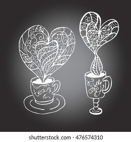 Doodle illustration of cups of tea and coffee. Heart steam. White outlines, gradient background