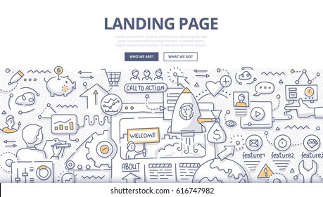 Doodle illustration of customer arriving at landing page. Concept of creating landing page to generate leads, selling products and capture visitor's information for web banners, hero images