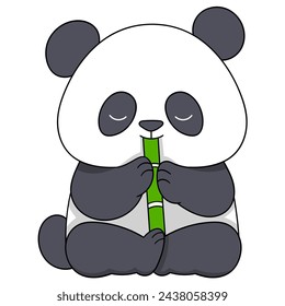 doodle illustration of a cute cartoon animal, a cute panda is sitting chewing bamboo, creative drawing 