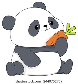 ilustración de garabato de un lindo animal de dibujos animados, un panda está sentado sosteniendo una zanahoria, dibujo creativo 