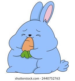 doodle illustration of a cute cartoon animal, a fat blue rabbit is sitting enjoying eating carrots, creative drawing 