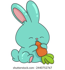 doodle illustration of a cute cartoon animal, a green rabbit is sitting chewing his favorite carrot, creative drawing 