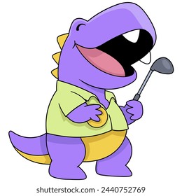 doodle illustration of a cute cartoon animal, a purple dinosaur playing golf with a cheerful face, creative drawing 