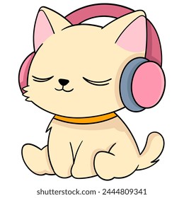 doodle illustration of a cute cartoon animal, a yellow cat sitting wearing headphones listening to music