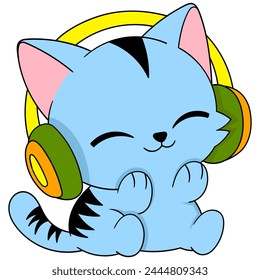 doodle illustration of a cute cartoon animal, a blue cat sitting wearing headphones listening to music