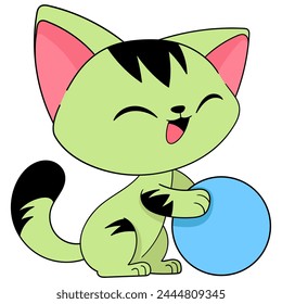 doodle illustration of a cute cartoon animal, a green cat happily playing with ball