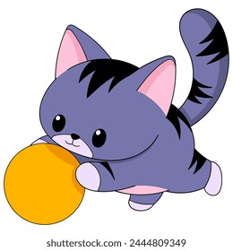 doodle illustration of a cute cartoon animal, a purple cat playing and chasing a ball