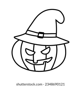 Doodle illustration of a cute cartoon carved Halloween pumpkin lantern with happy smile and pointed witch hat