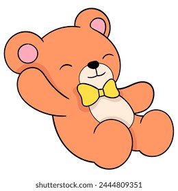 doodle illustration of a cute cartoon stuffed animal, an orange teddy bear lying on the floor