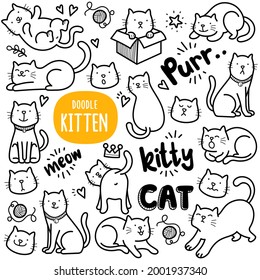 Doodle illustration of cute cat gestures and activity such as playing, sleeping, yawning, smiling, having fun etc. Black and white line illustration.