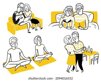 Doodle illustration cute character of senior couple lovers enjoying activities together at home, looking tablet, reading book on bed, meditation, dancing. Hand drawn sketch design, simple style.