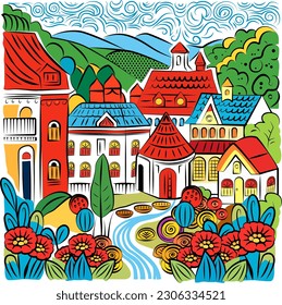 Doodle illustration with cute European houses.