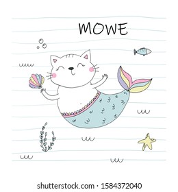 doodle illustration of Cute hand drawn vector cat mermaid . Vector Illustration. vector print. nursery art