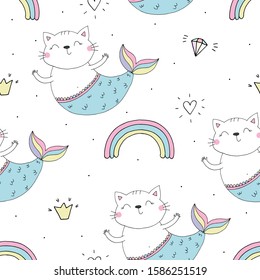 doodle illustration of Cute hand drawn vector cat mermaid . Vector Illustration. vector print. nursery art. Seamless vector pattern