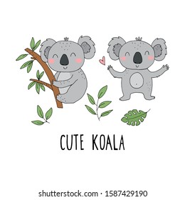 doodle illustration of Cute hand drawn vector cartoon koala set . Vector Illustration. vector print.