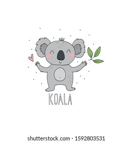 Doodle Illustration Of Cute Hand Drawn Vector Cartoon Koala. Vector Illustration. Vector Print.