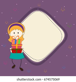 Doodle illustration of cute little girl holding colorful gift boxes. Colorful stars decorated greeting card with space for your text, Friendship Day concept.