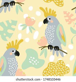 doodle illustration with cute parrot in pastel colors
