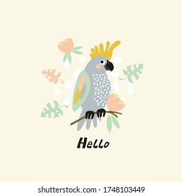 doodle illustration cute parrot in pastel colors