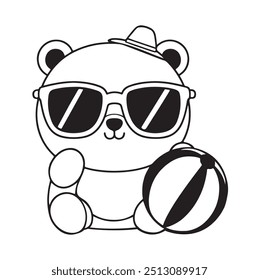 Doodle illustration of a cute teddy bear sitting with a soccer ball eps vector line art smiling mascot symbol in black and white flat design jpg transparent background sunglasses and football logo png