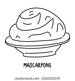 Doodle ilustración de un producto lácteo con queso mascarpone en un tazón. Un producto lácteo para dulces. Un dibujo sencillo para el diseño de un Sitio web culinario y aplicaciones, logotipo, aplicación