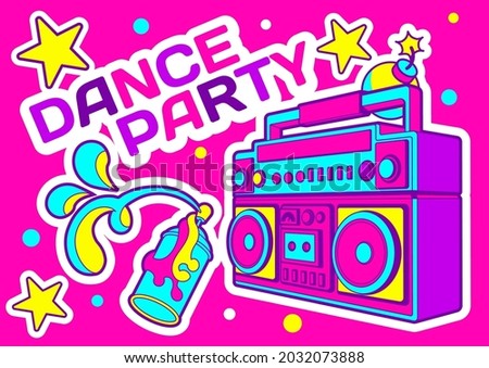  Doodle illustration, dance party template, Funky cartoon template for party, Festival, Event, Club Flyer, Invitation, Poster, web banner. 80s-90s pop style.
